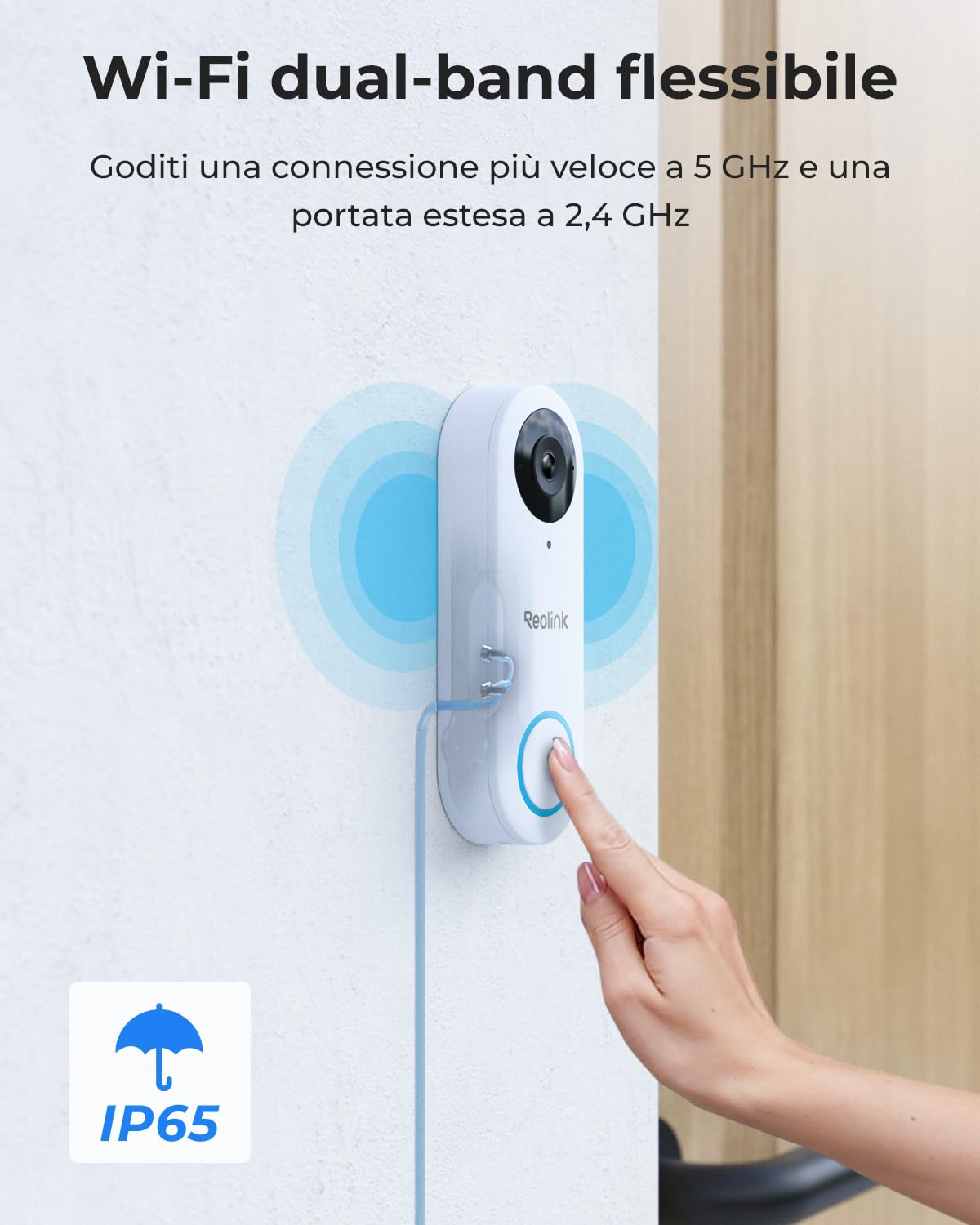 Reolink 2K cablato Videocitofono Wi-Fi 2,4/5 GHz con Chime, Visuale 180° 3:4 Testa-Piedi, Video Campanello, Rilevamento di Uomo/Pacco, Audio Bidirezionale, Video Doorbell Compatibile NVR, Bianco