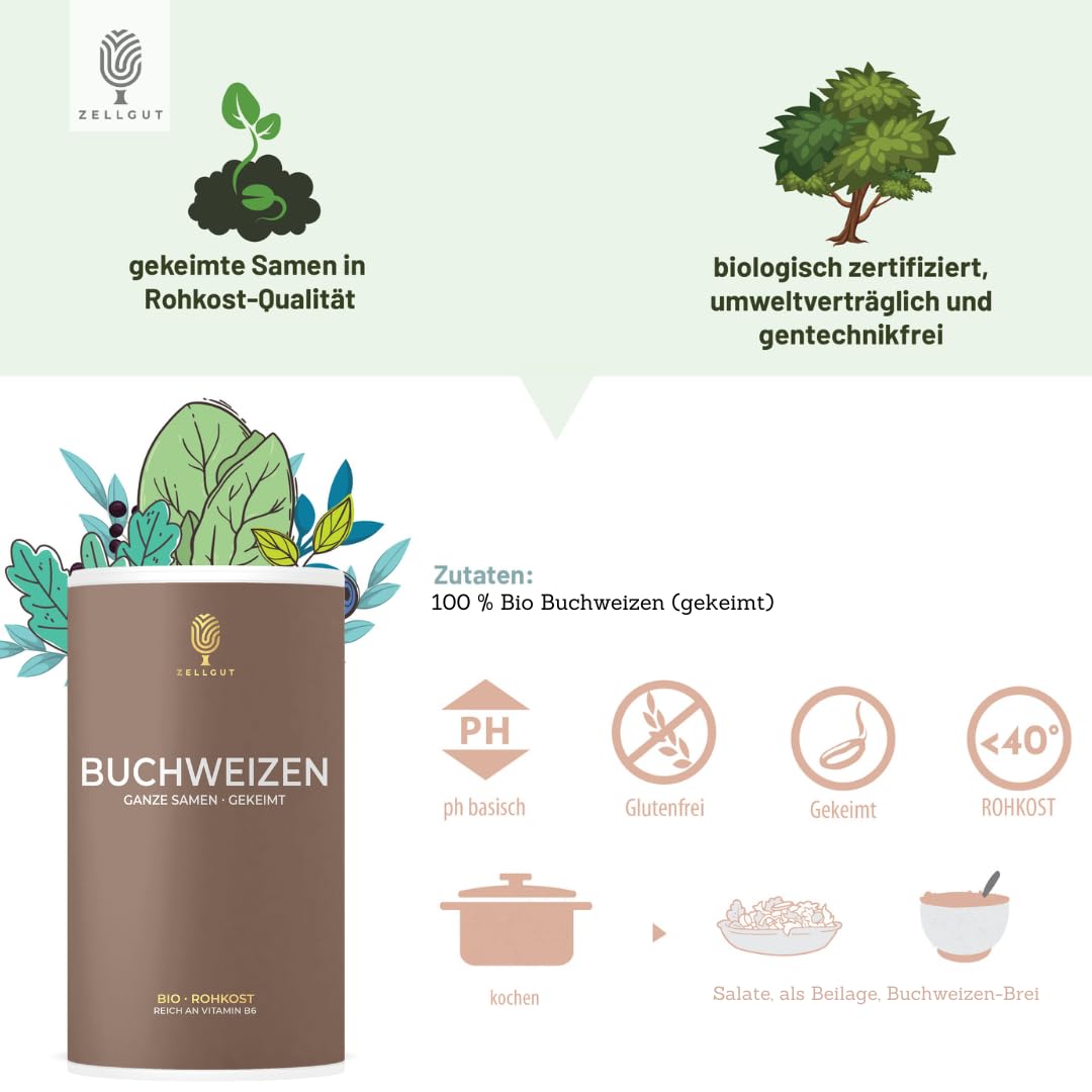 ZELLGUT© BIO BUCHWEIZEN - ganze Samen GEKEIMT 800g • BASISCH • 100% ROHKOST-QUALITÄT • GLUTENFREI • aus EU-Bio-Landwirtschaft • Reich an Magnesium, Kalzium, Kalium und Eisen