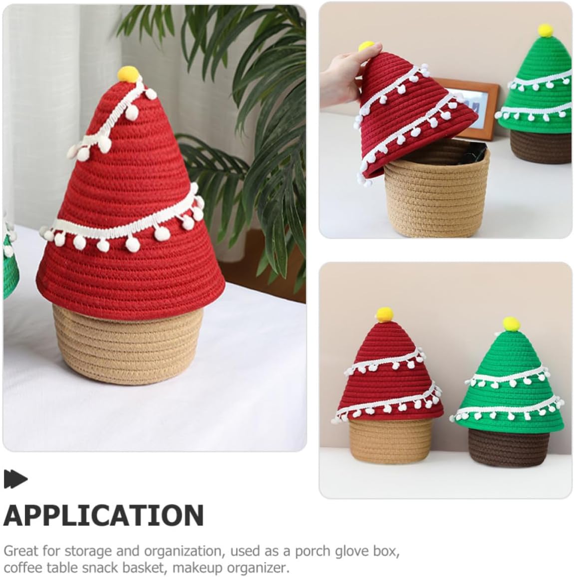 TEHAUX Cotton Thread Multi-purpose Christmas Tree Shaped Storage Basket with Lid Makeup Organizer and Portable Sundries Container Red Color for Home Storage and Organization