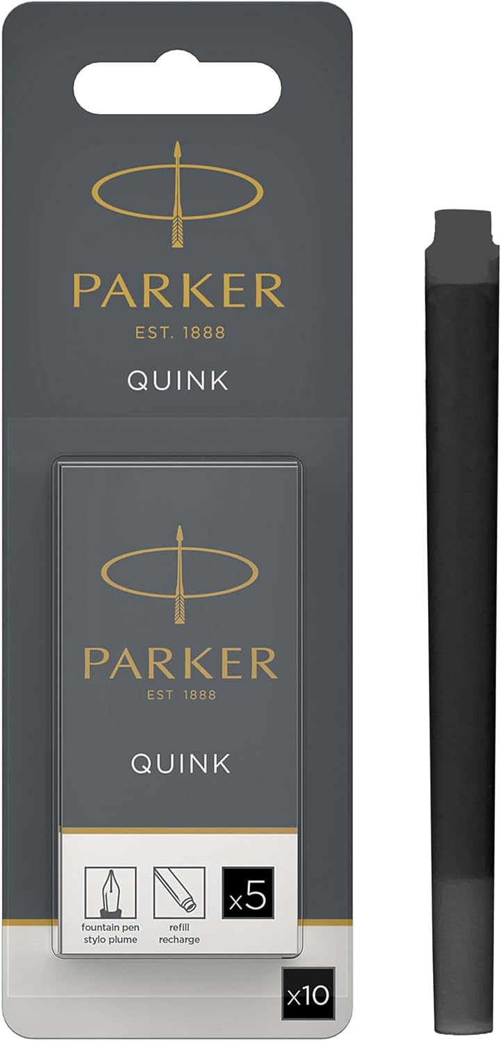 Parker Fountain Pen Ink Refill Cartridges Long Black QUINK Ink 10 Count (Blister)