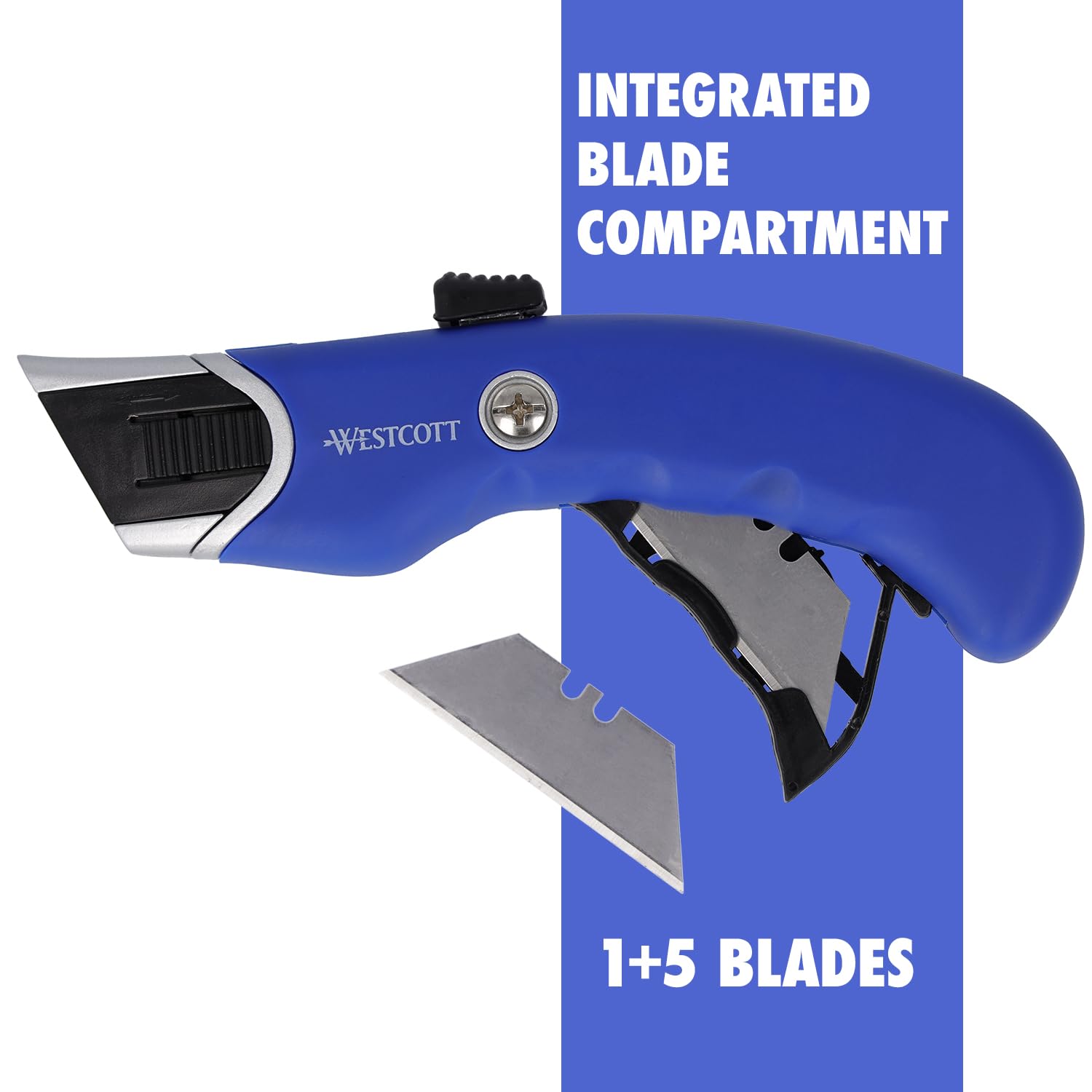 Westcott Taglierina di sicurezza resistente, 6 pezzi | Coltello multiuso con lama trapezoidale da 19 mm | Include 5 lame di ricambio | Lama a molla per la massima sicurezza | Manico ergonomico |
