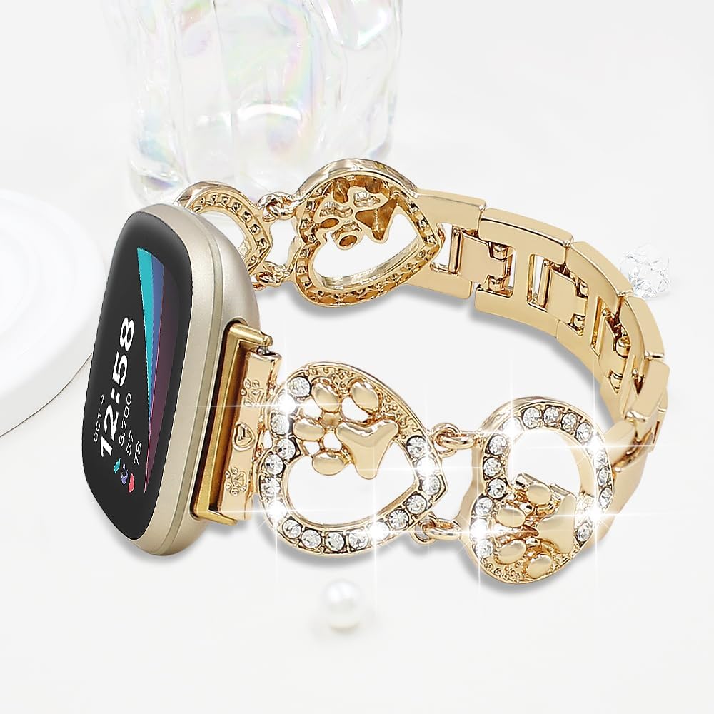 Bling Metal Band Compatible with Fitbit Versa 3/Versa 4/Sense/Sense 2 Smart Watch Band Women,Love Heart Shape Bracelet Dog Paw Wristband Cute Strap - Image 4