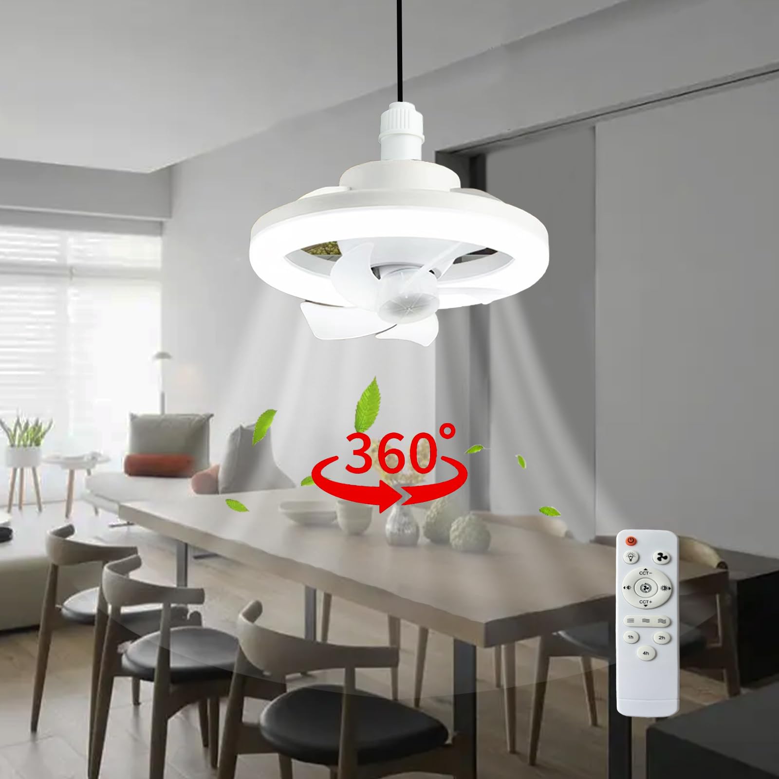 Socket Ceiling Fan with Light?360° Rotating Ceiling Fan with Lights and Remote?E27 10 in Small Ceiling Fan with Remote 3 Colors and 3 Wind Speeds for Bathroom/Bedroom/Small Room//Kitchen