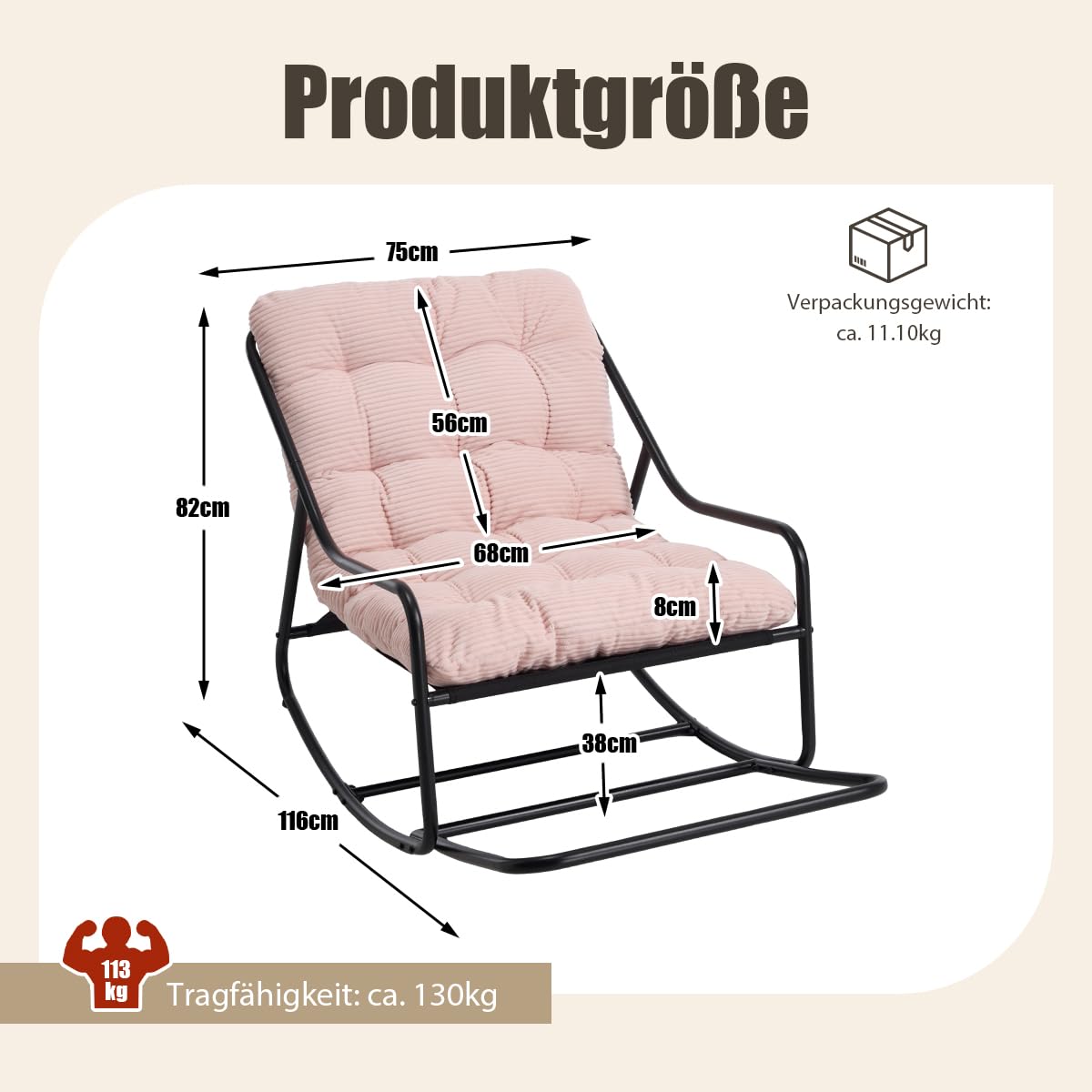 Schaukelstuhl Loungesessel ohne Armlehnen, Lesenstuhl Relaxstuhl mit Metalrahmen, Stuhl drinnen & draußen für Wohnzimmer Balkon Garten, Cord Pink