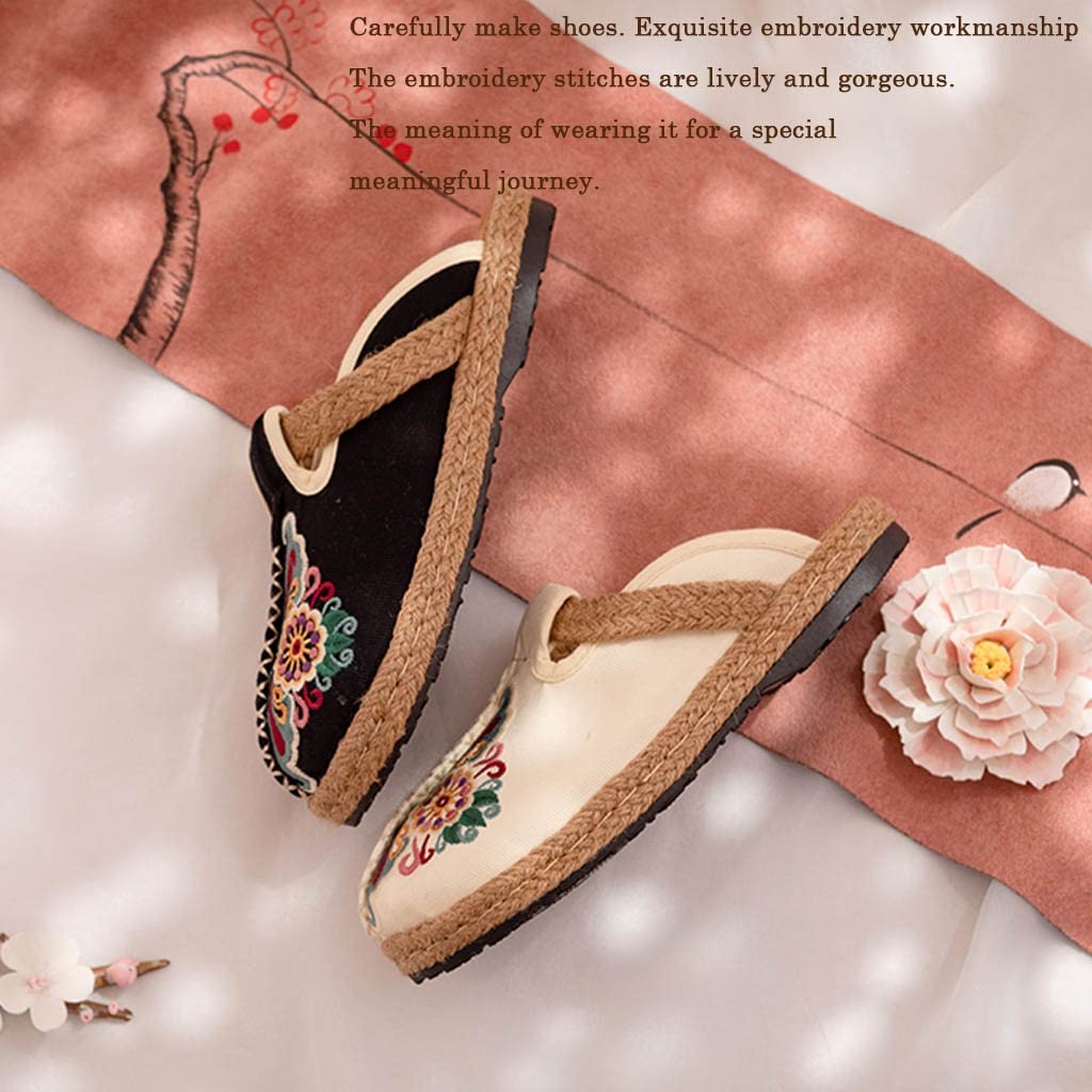 Damen-Mary-Jane-Schuhe aus Baumwolle, bestickte chinesische Damen-Hausschuhe, Sommer-Espadrille-Sandalen, Flache Schuhe, Garten-Clogs, Haus-Loafer für Damen (Farbe: Weiß, Größe: EUR37/38)