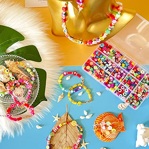 1140Pcs Flower Smiley Face Beads Polymer Clay Bead Kit Include y2k Mixed Fruit Spacer Trendy Clay Beads Charms for Jewelry Making, Bracelet Making Kit Accessories for Women Girls - Thumbnail 3
