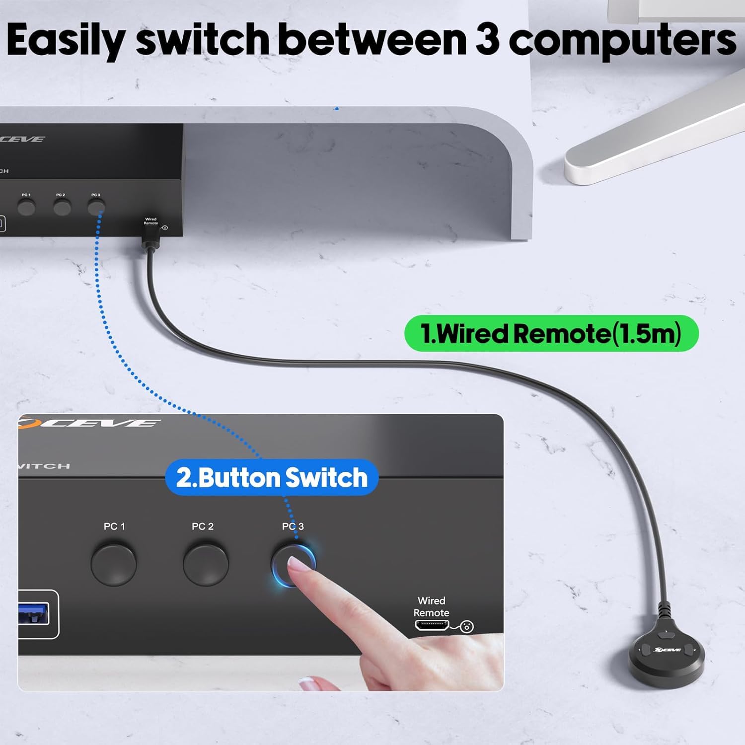 KVM Switch 3 PC 3 Monitores 4K@60Hz Simulación EDID, HDMI Displayport KVM Switch Triple Monitor para 3 PC Share 3 Monitor y 4 Puertos USB 3.0 Teclado Ratón Impresora, 3 cables USB Incluidos