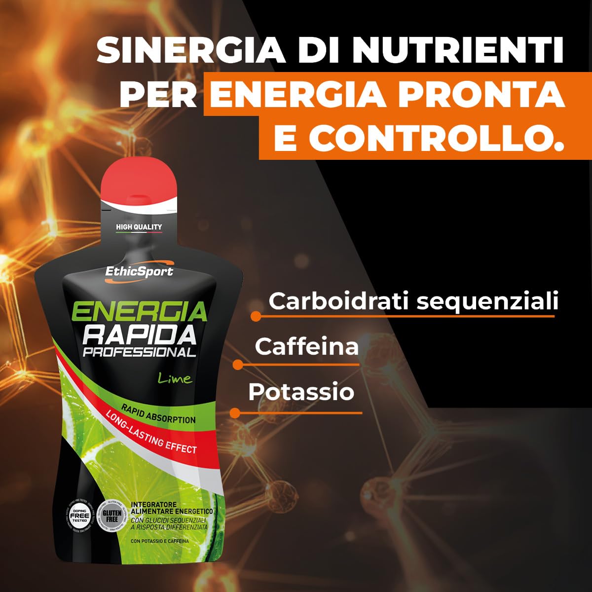 EthicSport Energia Rapida Professional – Integratore energetico liquido con carboidrati sequenziali e caffeina – Energia pronta e duratura per attività di resistenza – 15 pack da 50 ml - Gusto Lime