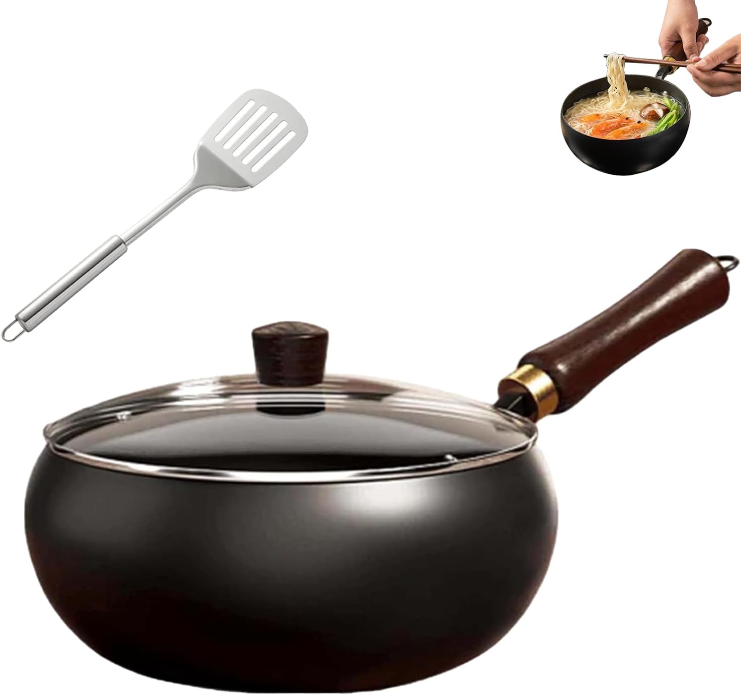 Japanese Cast Iron Pot, Hand-Hammered Uncoated Healthy Iron Wok Pan, Japanese Cast Iron Cookware, Non-Stick Thick Frying Pan, Heavy Duty Cookware for Induction, Gas & Electric (Glass Lid, 9.45 in)