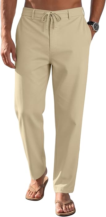 Mens Linenl Pants Casual Loose Straight Elastic Suit Waist Drawstring Trousers Lightweight Beach Vacation Pants