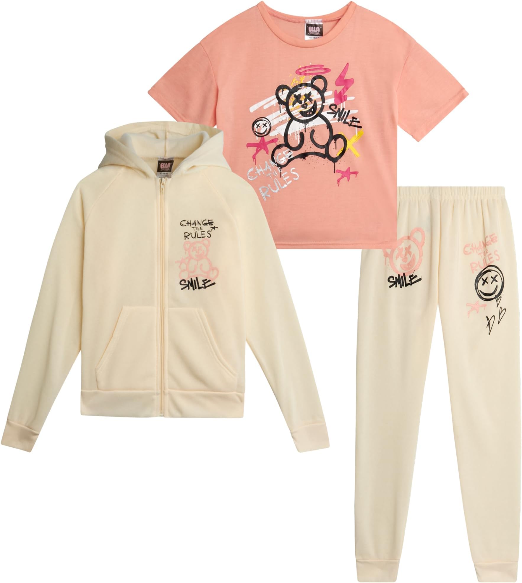 Girls Sweatsuit Set - 3 Piece Soft Fleece Zip Up Hoodie Graphic Tees and Jogger Sweatpants for Girls