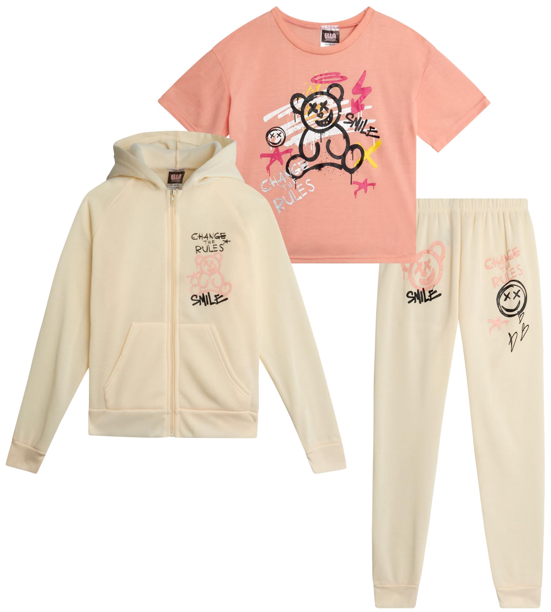 Girls 3 Piece Sweatsuit Zip Hoodie Tees &amp; Jogger