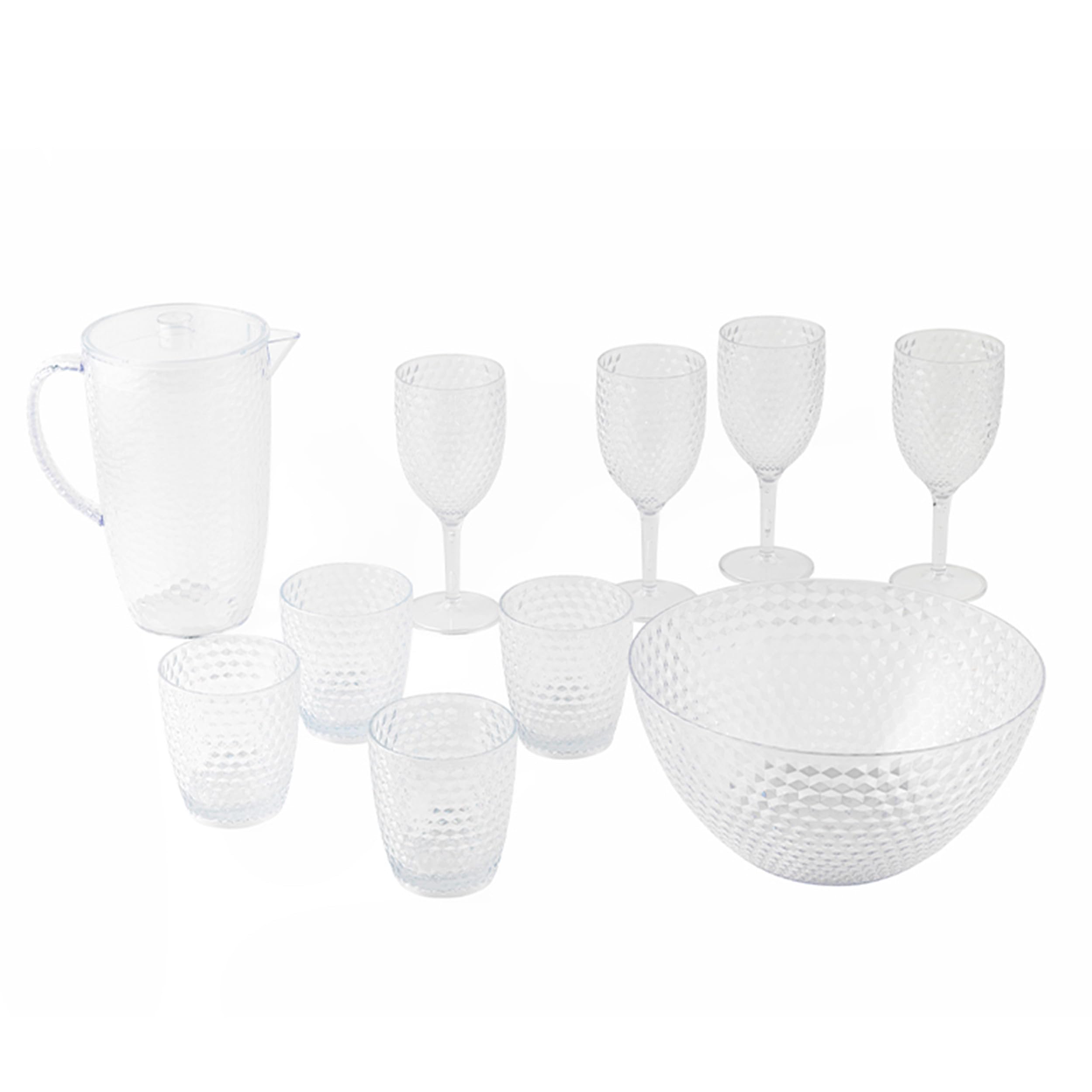 Cambridge COMBO-7985A Fete Serving Set - with Jug, Tumblers, Wine Glasses, and Bowl, Diamond Design, 10 Piece Set, BPA Free Plastic Cups for Outdoor Use, Parties, Holiday Homes & Camping, Clear