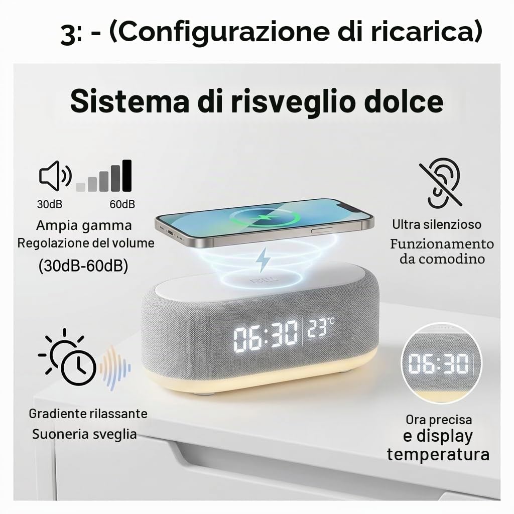 Sveglia caricatore a induzione 3 in 1, orologio digitale a LED, caricatore a induzione per iPhone e Android,Simulatore di alba, sveglia collegata con luce, doppio allarme, USB, design moderno