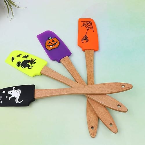 Miniatura 4 de Cabilock Juego de 4 espátulas de silicona con mango de madera para Halloween, resistentes al calor, espátula de crema, utensilios de cocina para