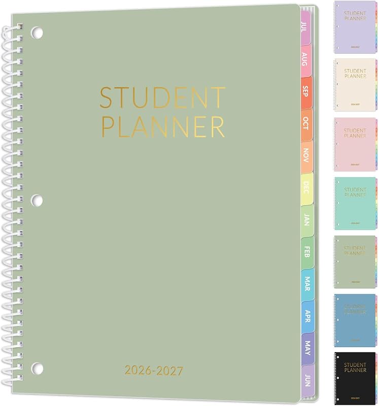 Planificador estudiantil 2026-2027, planificador escolar académico semanal y mensual SUNEE, julio de 2026 - junio de 2027, libro de plan de lecciones escolares de 8.5"× 11" con objetivos semanales, marcapáginas, pestañas mensuales, perforado con 3 agujeros, verde salvia