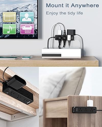 Miniatura 5 de Regleta protectora contra sobretensiones, 9 tomas de corriente ampliamente espaciadas con 3 puertos USB, extensor de 3 salidas laterales con cable