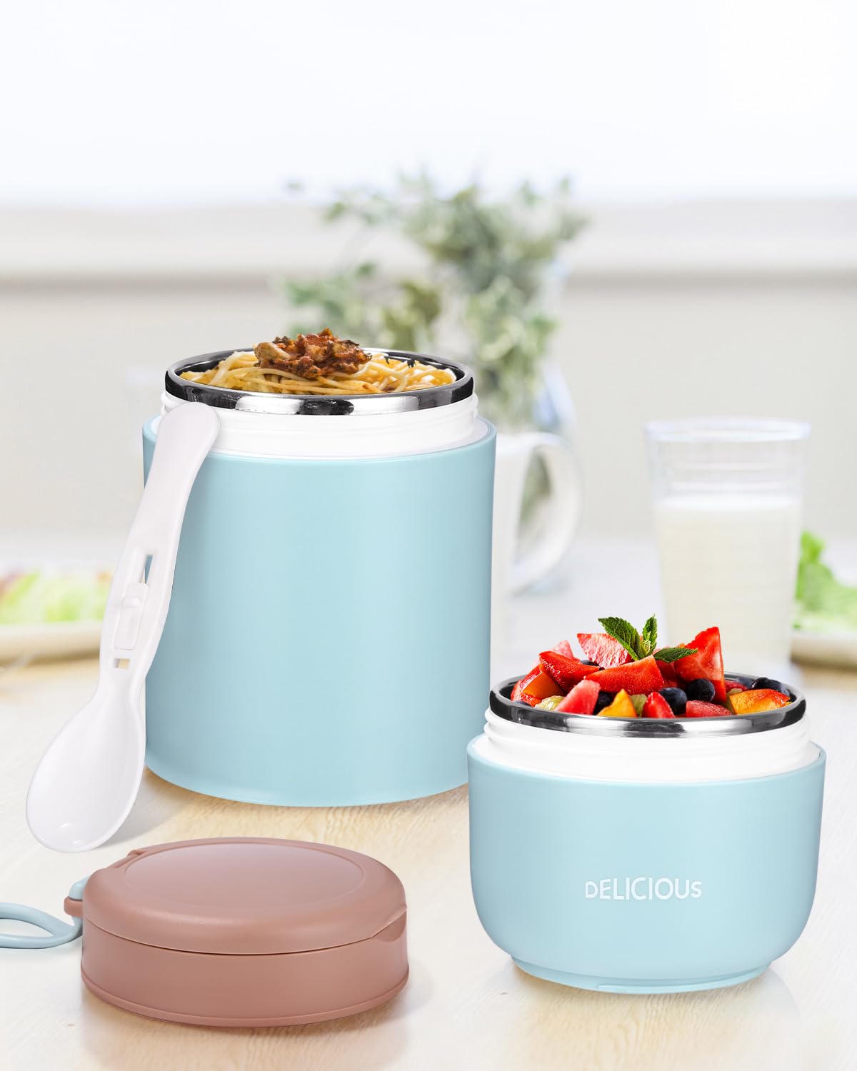 Kubek na płatki śniadaniowe, kubek na jogurt z łyżką, pojemnik na żywność 300 + 430 ml na musli, jogurt, jedzenie dla niemowląt, owsiankę, płatki owsiane, lody i zupy (niebieski) | Szczelny kubek na jogurt na wynos z łyżką i pokrywką, dwuwarstwowy, szczel