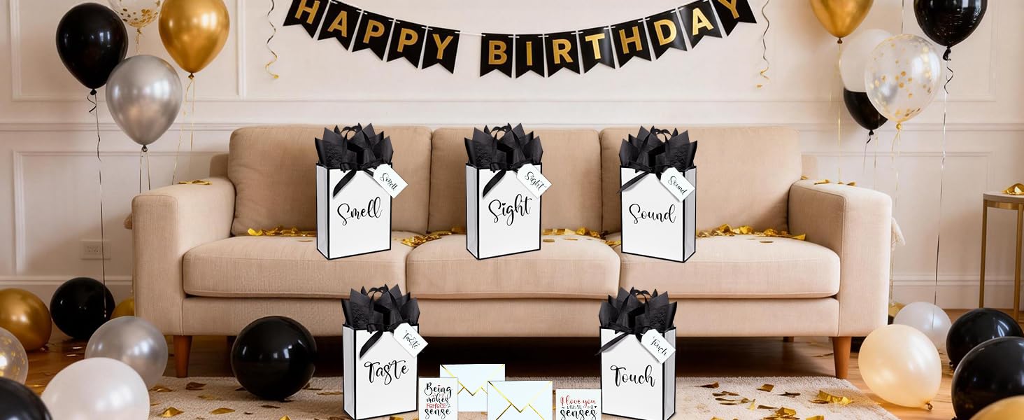 Nimbbex 5 Senses Gift Bags For Him with Labels, Five Senses Gift Bags with Cards, Envelopes and Ribbons for Valentine'S Day, Birthday, Anniversary, Mother'S Day,Father'S Day 9X7X3.2 Inches (White)