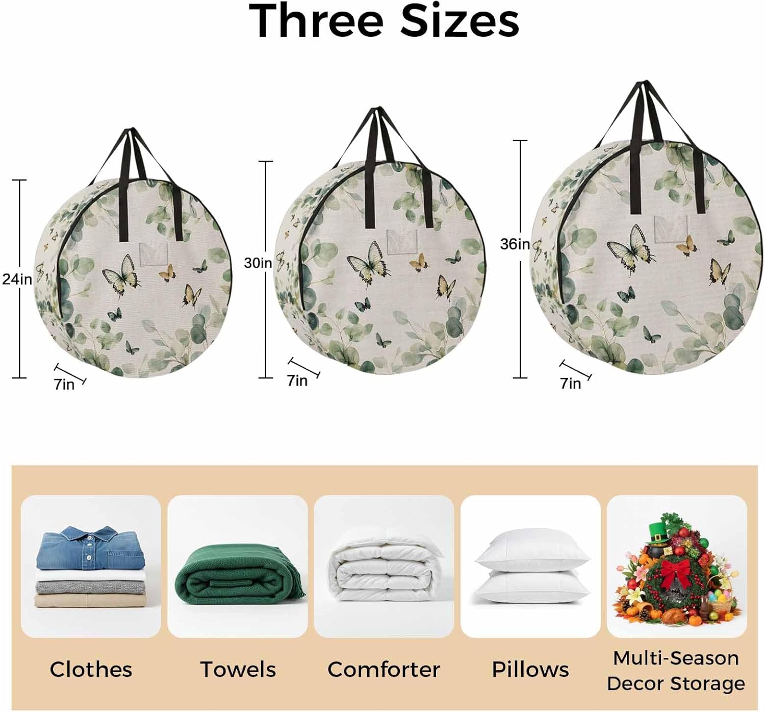 Retro Eucalyptus Leaves Round Storage Bag 36 Inch, Butterfly Spring Summer Rustic Linen Clothes Storage Container with Handles Heavy Duty Organizer for Comforter, Bedding & Holiday Wreaths
