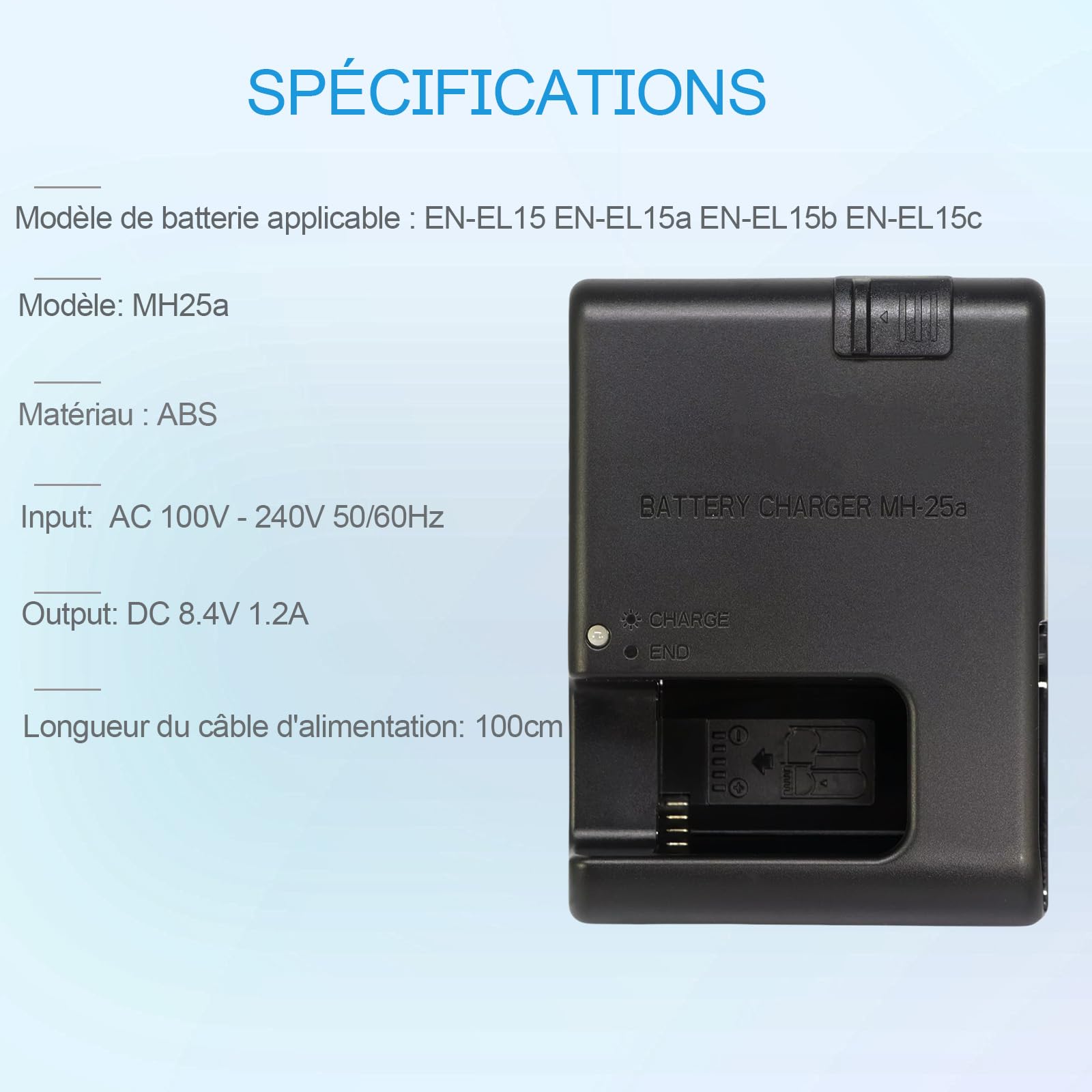 MH-25a - Caricabatterie compatibile con EN-EL15c EN-EL15 EN-EL15a EN-EL15b Batteria Nikon D850 D750 D7500 D7200 D7000 D7100 Coolpix Z5 Z6 Z7 D610 D600 D800 D80 10 Macchina fotografica & 100 cm AC Cord