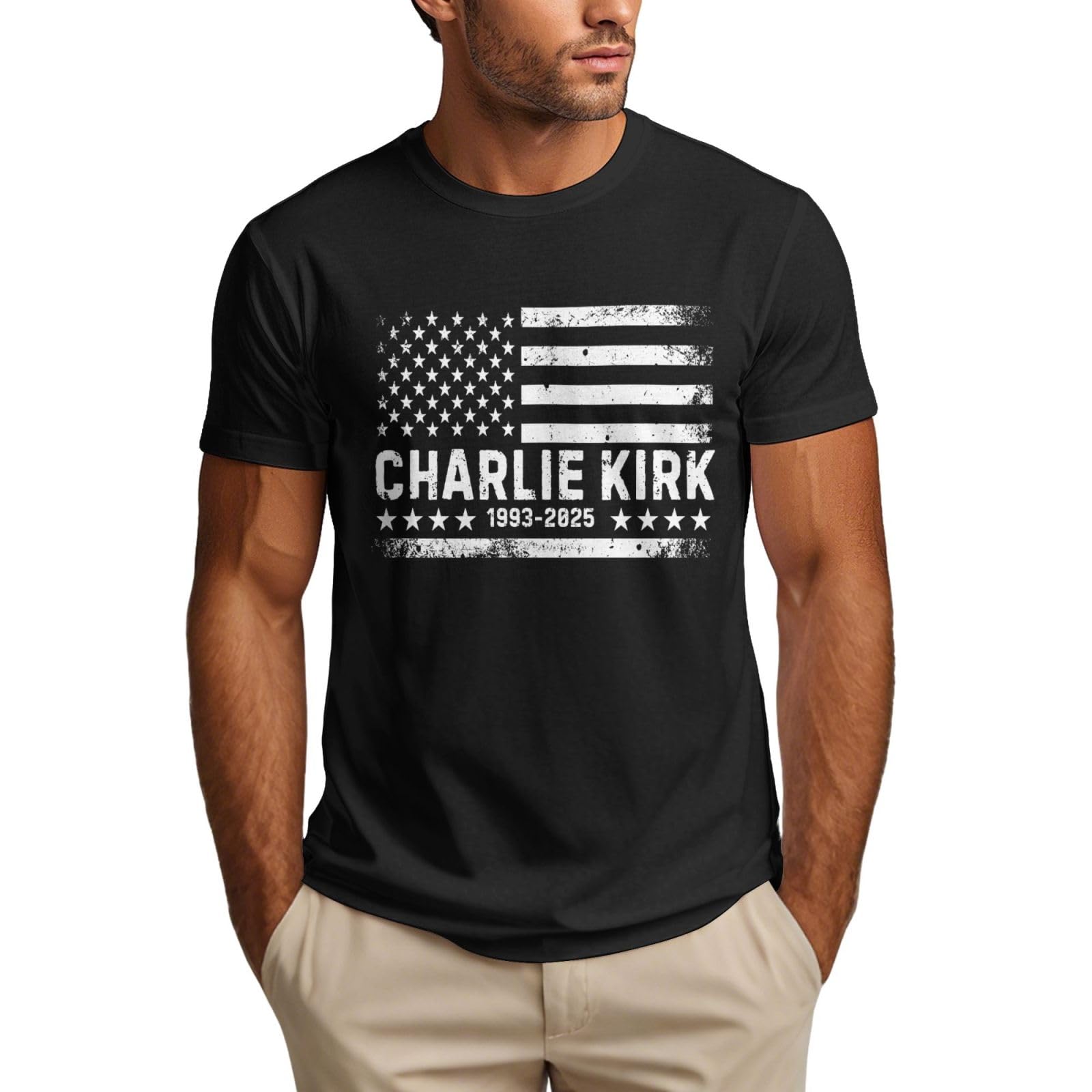 Kwqdozf Men's White Charlie Kirk Shirt With Distressed Usa Flag Memorial Charlie T Shirt