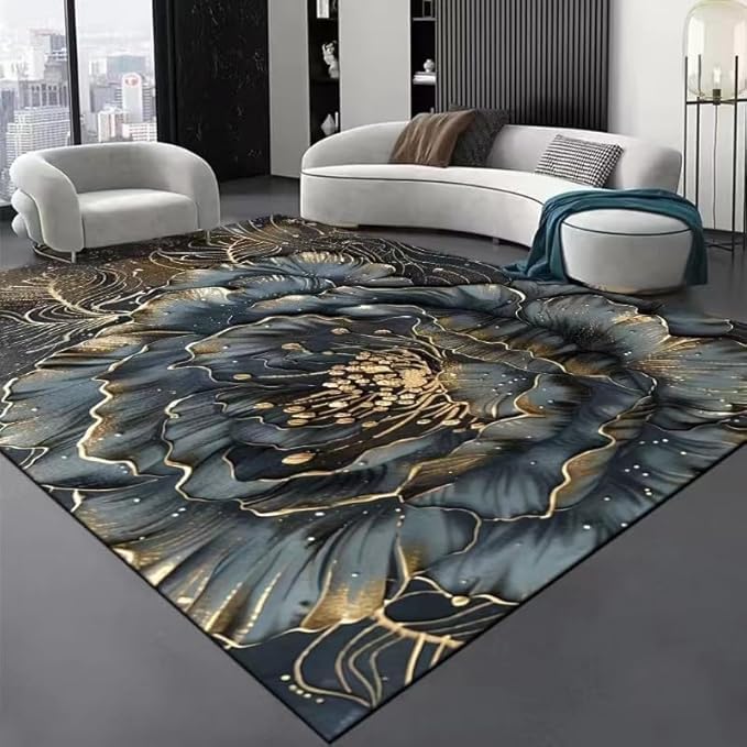 PDENZG Floral Area Rug, 180x300cm,3D Flower Stamen Gold Area Rug, Modern Nordic Luxury Gold Line Decor Living Room Rugs, Durable Non-Slip Carpets, for Bedroom Office Decor Washable Area Rugs.