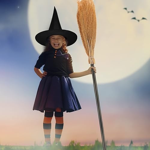 Miniatura 7 de Jetec Juego de sombrero de escoba de bruja de Halloween, sombrero negro con escoba de 39.4 pulgadas, bruja maga realista para fiesta de Halloween,