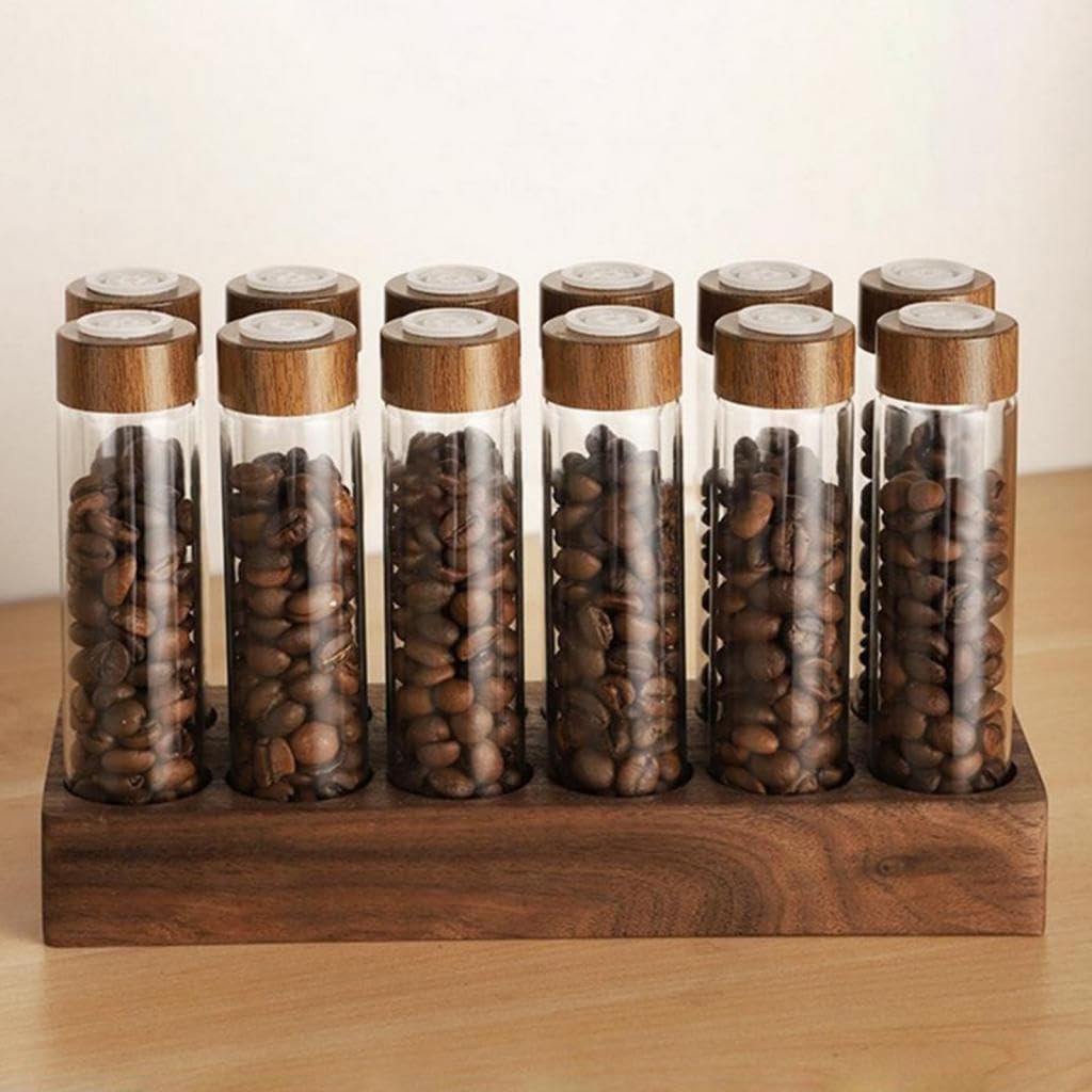 Kaffeebehälter mit Ablage, Einzelportions Aufbewahrungsröhrchen für Kaffeebohnen, Nachfüllbar mit Ständer, Kaffeebohnen Reagenzglas für Die Speisekamm, 12 Loch 22g