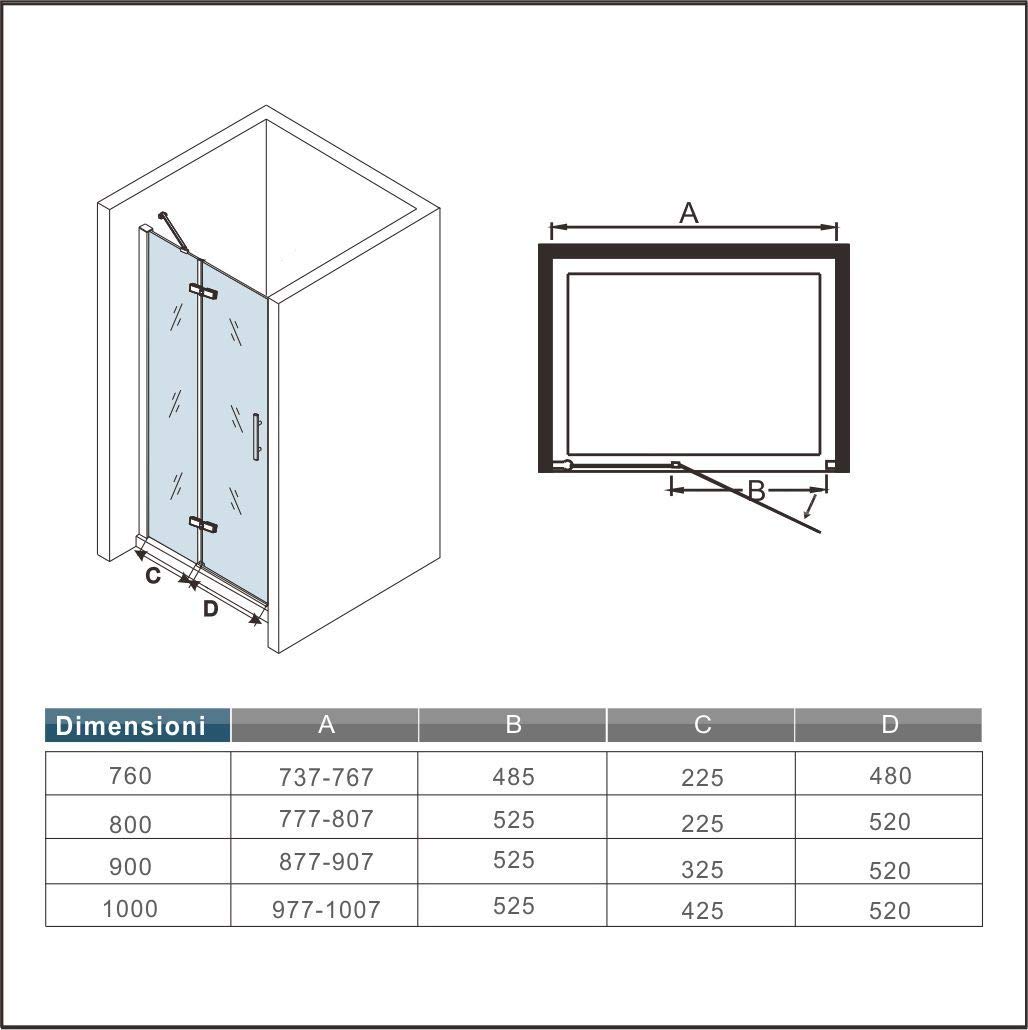195cm Porta Doccia per Nicchia Apertura Battente Con Barra Stabilizzatrice Vetro 6mm Temperato Trasparente Anticalcare Larga 80cm