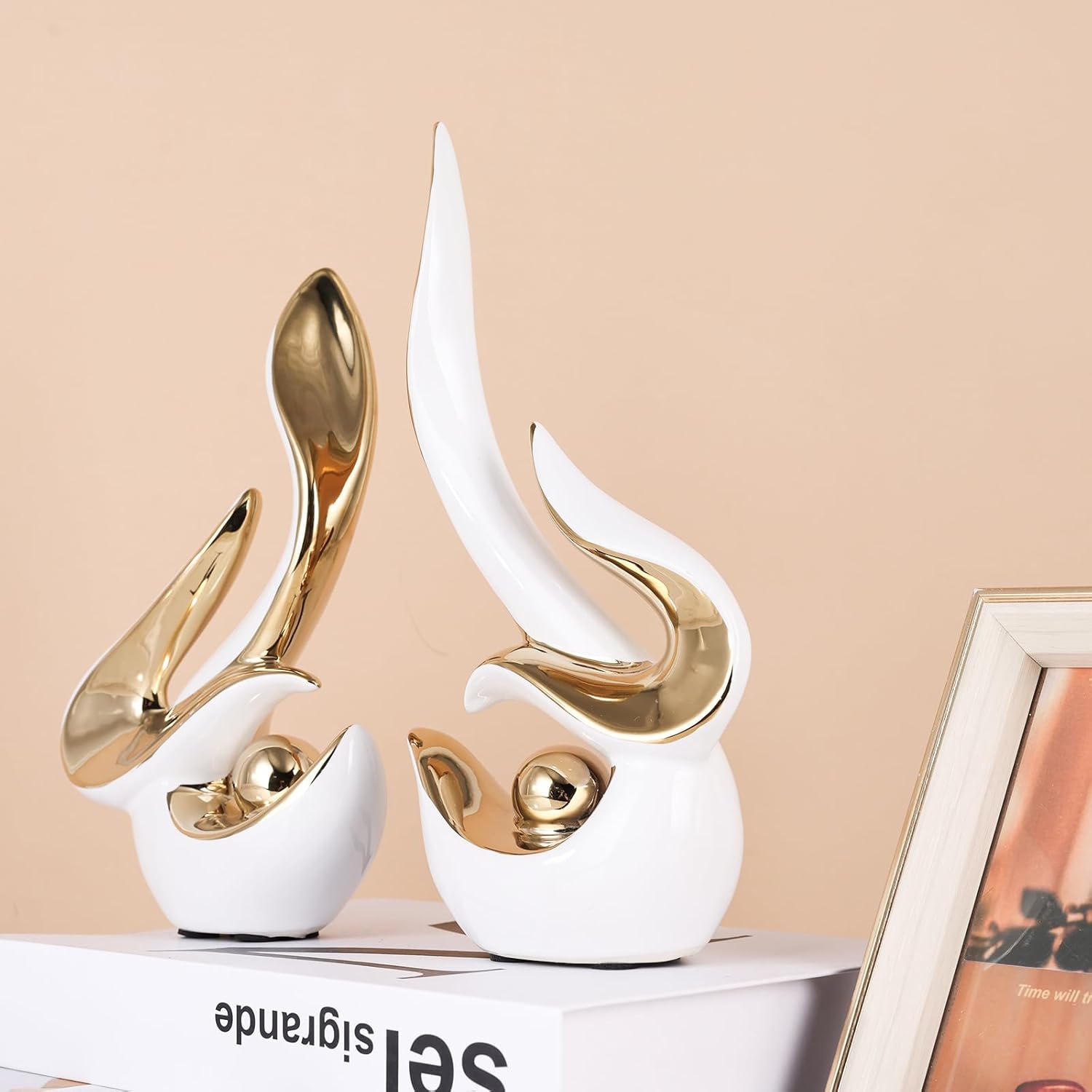 Mid Century Modern Abstract Art Home Decor Accent,Porcelain Statues for Living Room Coffee Table Centerpieces for Dining Room,Ceramic Sculptures and Gold Knick Knacks for TV Stand Decor (White Gold) - Image 6