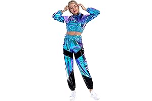 IMEKIS Women's Shimmer Outfit Rave Top Hoodie Metallic Short Long Pants Sweat Suit Casual Dancewear