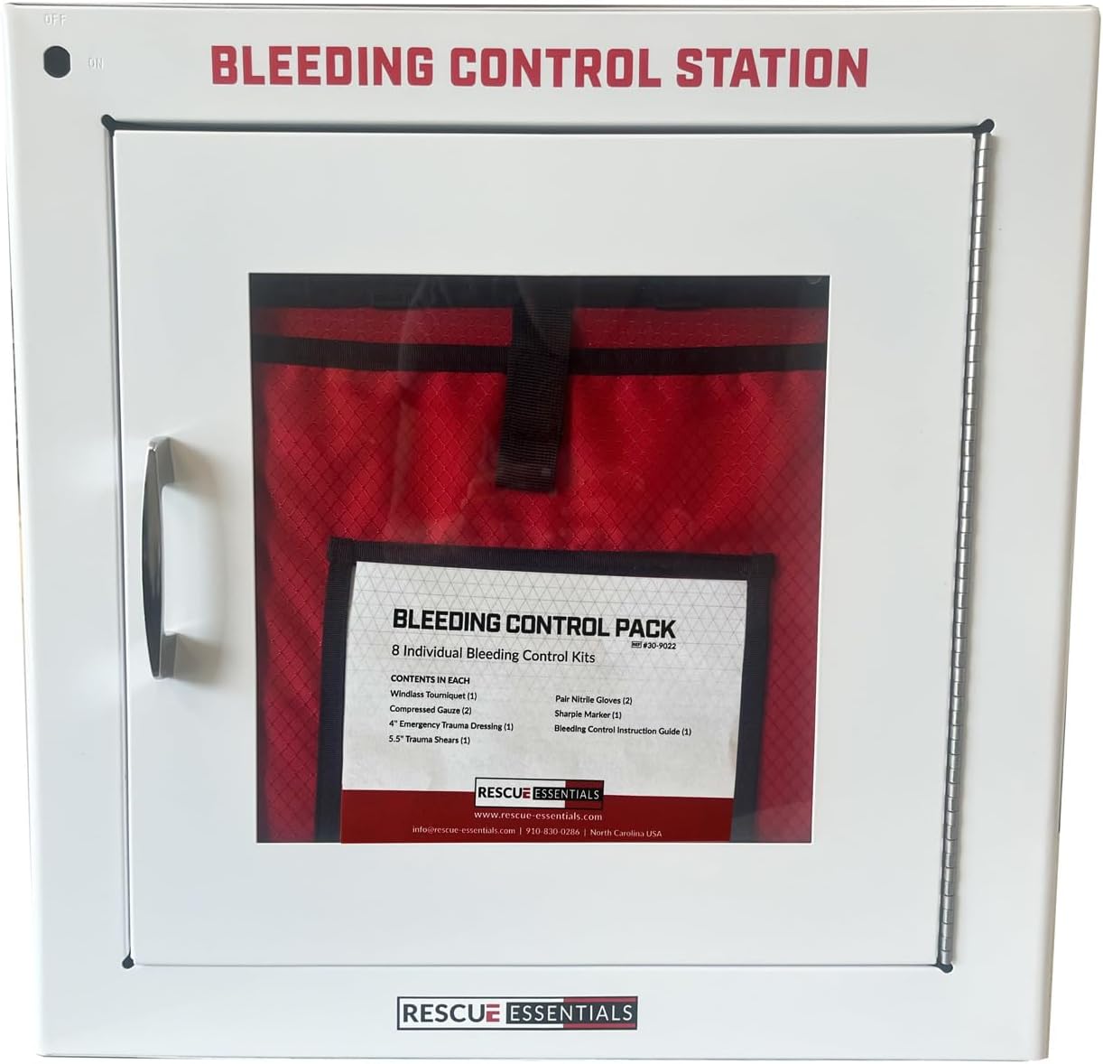 Bleeding Control Station by Rescue Essentials (Wall Cabinet with Bleeding Control Pack + 2 Quiklitters
