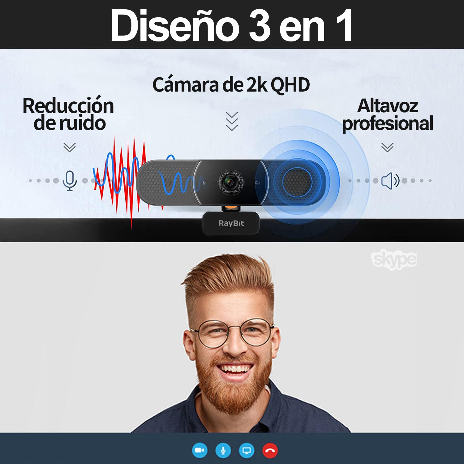 3 en 1 Webcam - 2K HD USB C Webcam con Micrófonos, Altavoz y Cubierta de Privacidad, Enfoque Automático Cámara Web para PC, Conferencias con Zoom/Skype/Teams, Conecta y Reproduce
