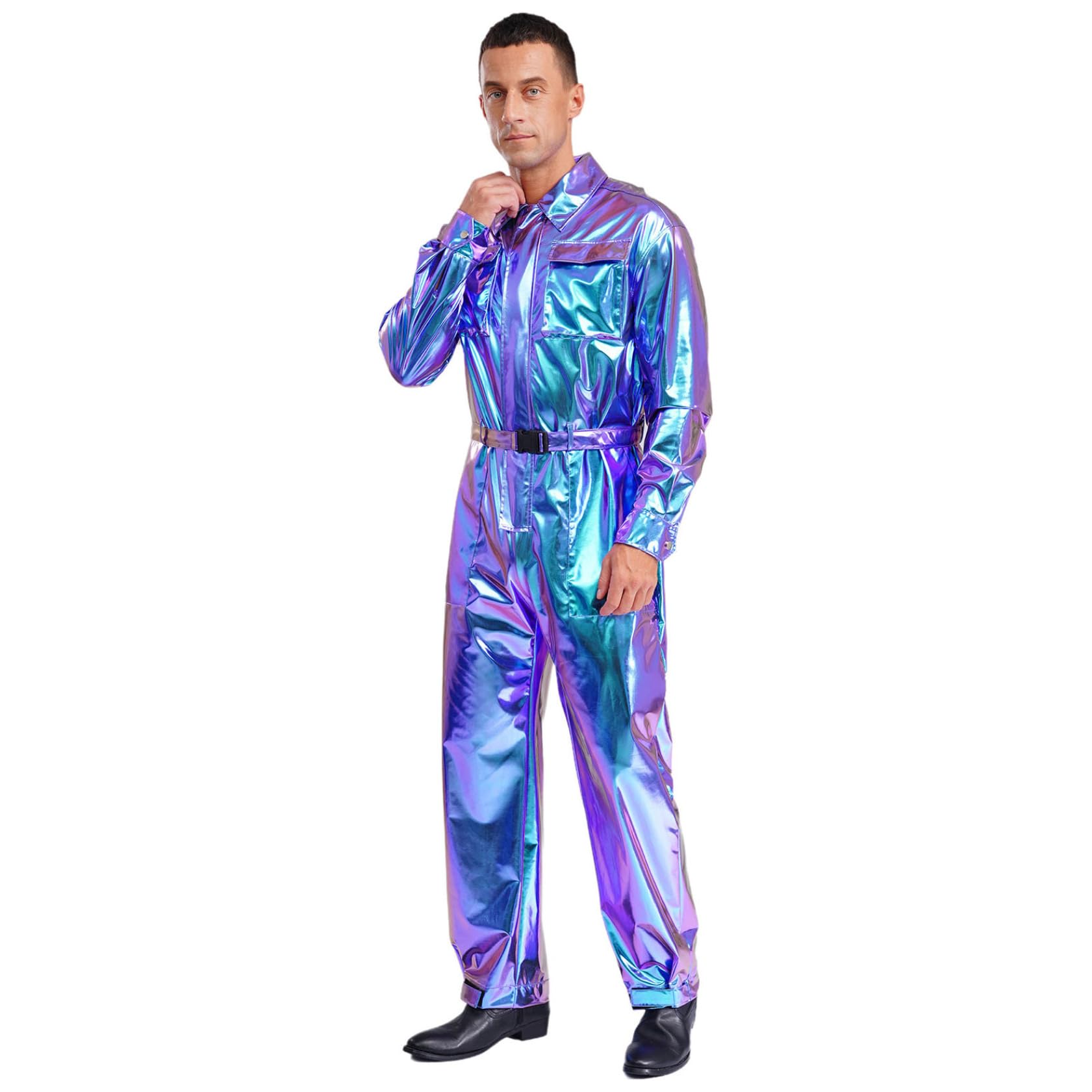 Sywiyi Traje de una pieza para hombre, mono largo, brillante, traje de trabajo metálico, disfraz de discoteca, carnaval