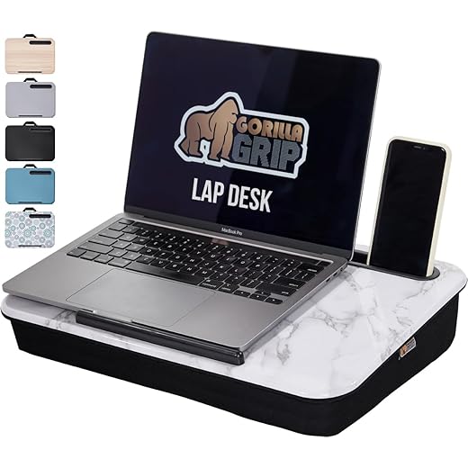 Gorilla grip sturdy and thick cushion lap desk, fits 15 inch laptop, comfortable foam, device holder raised ledge, portable computer desks, table tray for couch bed, lapdesk accessories marble pattern