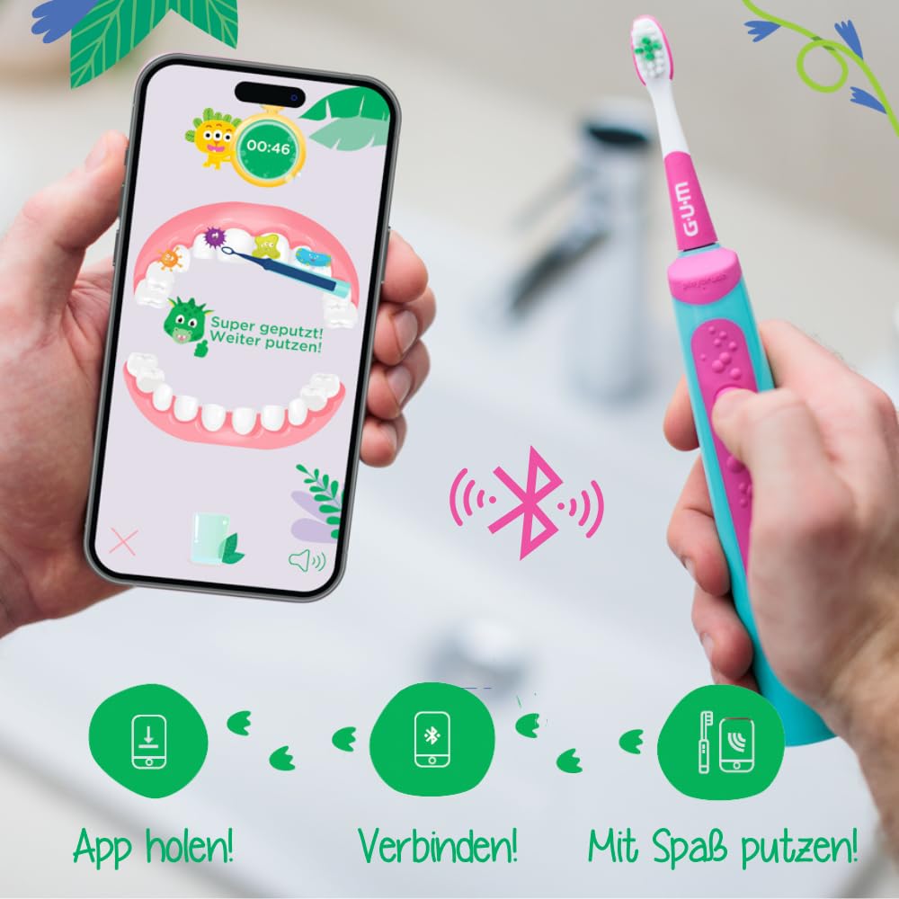 GUM Playbrush KIDS 3+ elektrische Zahnbürste | Interaktive Spiel-App | 2 Putzmodi | Extra weiche Borsten | 8 Wochen Akku | Timer | 1x Schallzahnbürste, wiederaufladbar | 2 extra Bürstenköpfe | Pink