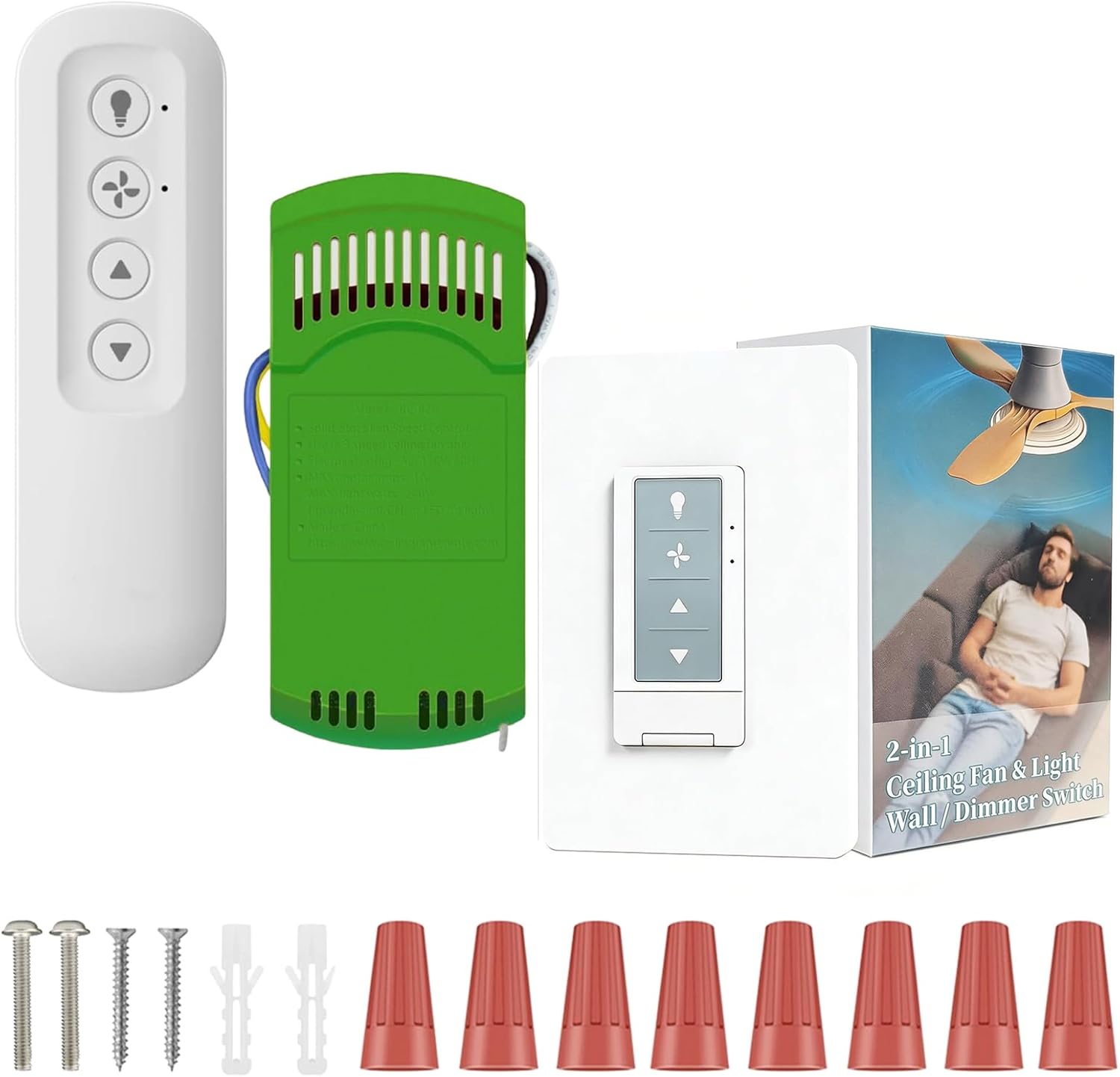 Ceiling Fan Remote and Wall Control Kit with Light Dimmer & 3- Speeds, All-in-One Universal Fan Remote Kit Includes Remote, Receiver & Wall Control for Hunter Casablanca Hampton Bay & More Fans