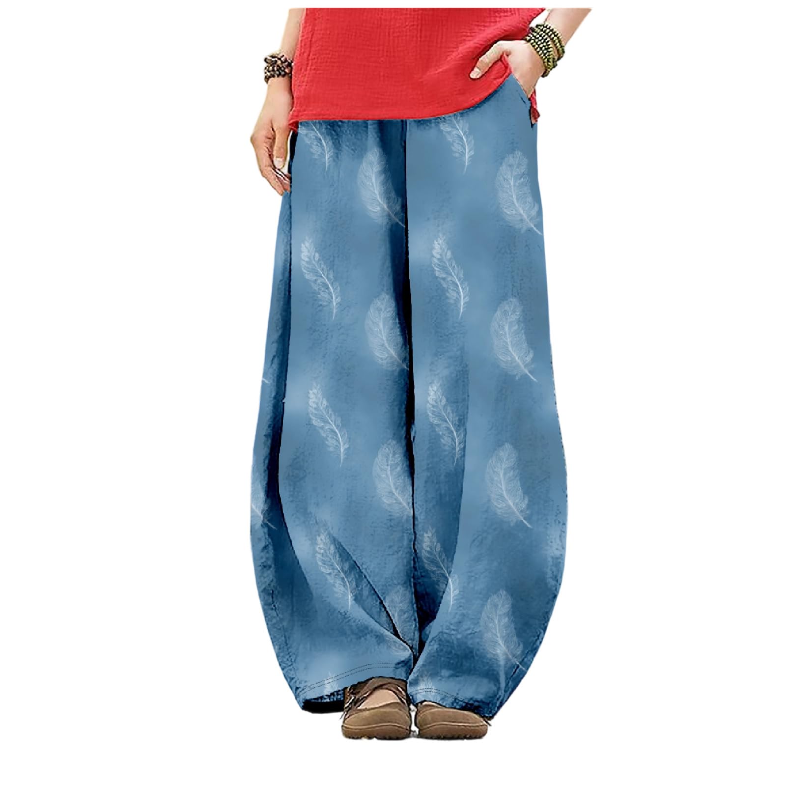 Floral Pants for Women Wide Leg Pants Oversized Slacks Lantern Trousers Elastic Waist Fall Sweatpants with Pockets