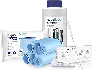 Aquafloow Kit de cuidados com a máquina de café, acessórios para baristas, 2 filtros AquaClean, 250 ml desescalcificador, 10 x pastilhas desescalcificadoras, escova de limpeza, lubrificante, para