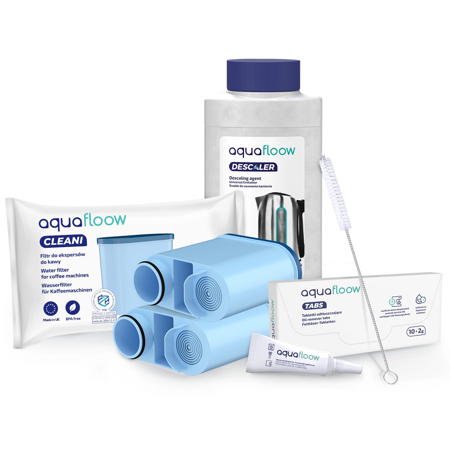 Aquafloow Kit d'Entretien Philips Saeco AquaClean Filtres à Eau Pastilles Nettoyage Détartrant Brosse