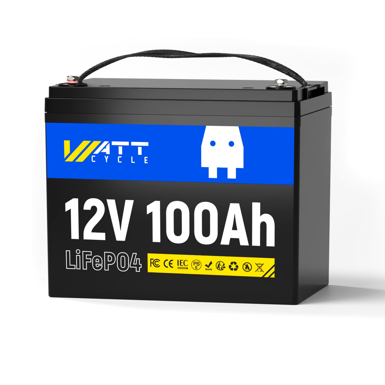 Wattcycle Batería de Litio LiFePO4 12 V 100 Ah, con BMS de 100 A, Protección contra Bajas Temperaturas, 1280 W, 8000-15000 Ciclos, para Autocaravanas y Sistemas Solares