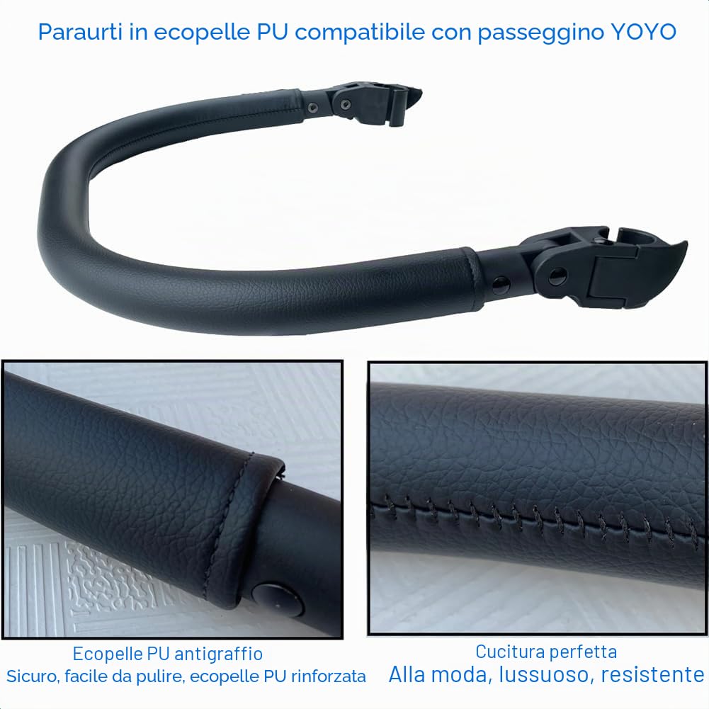 3 pezzi/set di accessori passeggino PU bracciolo in pelle, poggiapiedi e ganci compatibili con passeggini Babyzen YOYO 2 e YOYO+ (nero)