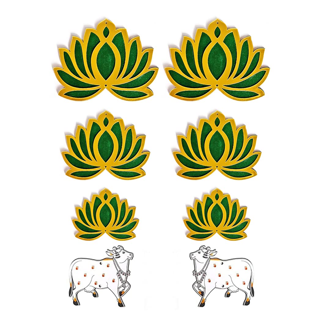 Adikala Pichwai Cow MDF Cutout & Green Color Acrylic Lotus Flower Cutout for DIY Craft | Design for Diwali | Dussehra | Rangoli | Pooja | Festival Gift | Wedding Decorations -Set of 8