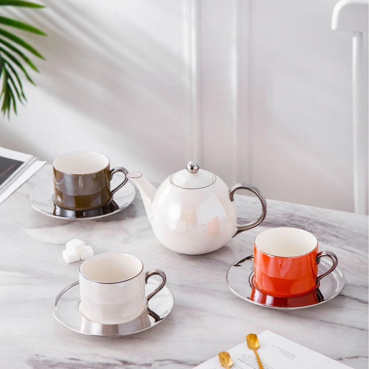 Phnom Rim ceramiczny zestaw filiżanek do kawy i spodków, retro zestaw do popołudniowej herbaty, filiżanka do kawy 250 ml + dzbanek do kawy 750 ml, dostępny w wielu kolorach (jasnobrązowa