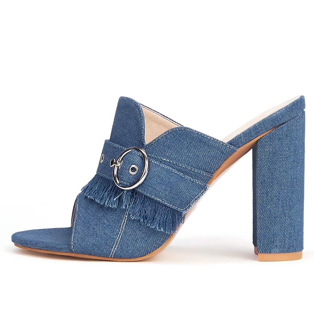 Ciabatte con Tacco Alto a Blocco per Donna, Mules con Tacco Grosso a Slip-On Punta Aperta, Sandali con Tacco Comodi in Denim Stile Retrò per Abiti Quotidiani e da Festa