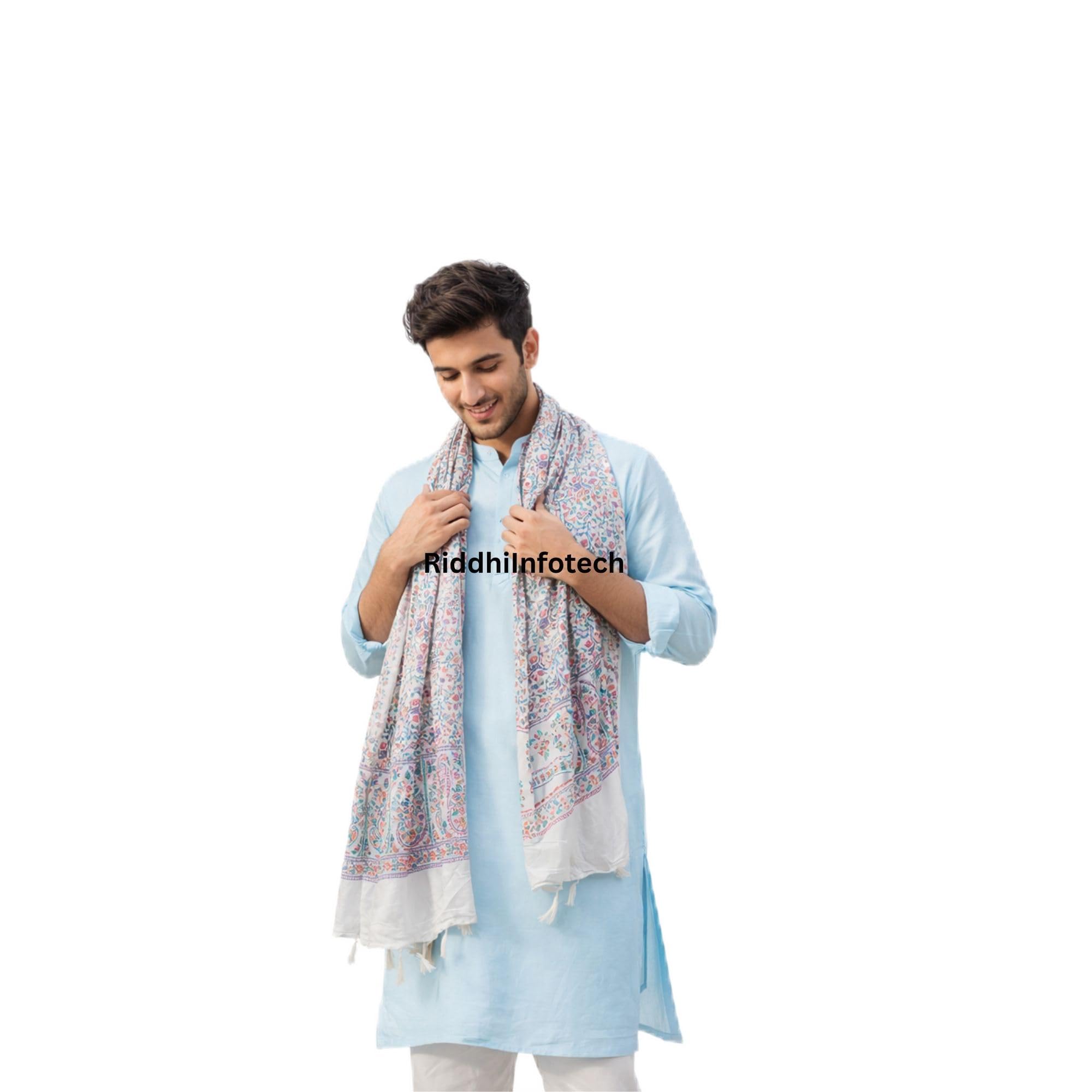 RiddhiInfotech White Printed Men’s Traditional Indian Stole | Approx. 2.5 Meter Length | Lightweight Ethnic Dupatta for Kurta Pajama | 1 Pc-picture-37