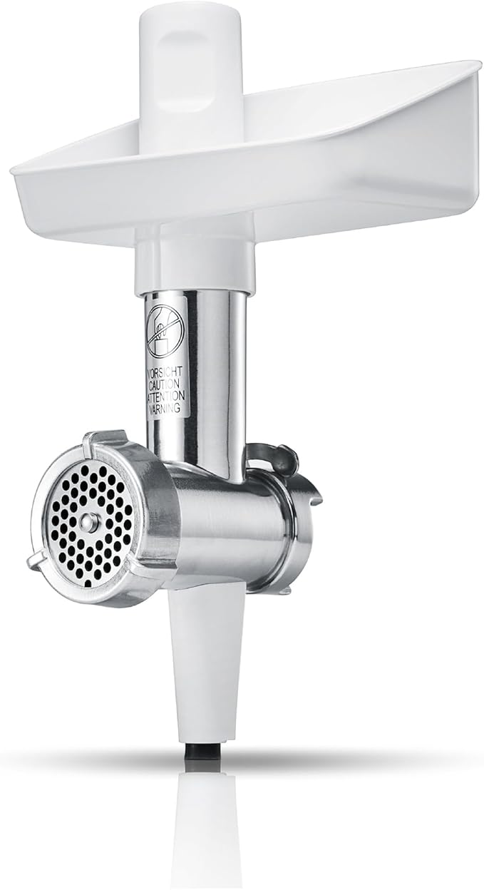 Bosch Fleischwolf MUZS2FWW, Zubehör passend für Küchenmaschine Serie 2, Fleischwolf, Stopfer, Edelstahl Loch-Scheibe 4,5 mm, auch für Fisch und Gemüse, leichte Reinigung