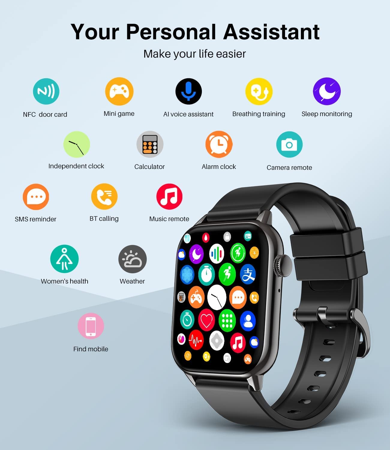 SOUYIE Inteligentny zegarek z funkcją połączenia Bluetooth, ekran dotykowy HD o przekątnej ekranu 1,7 cala, monitor aktywności fitness, krokomierz, pomiar tętna, krokomierz, wodoodporny smartwatch