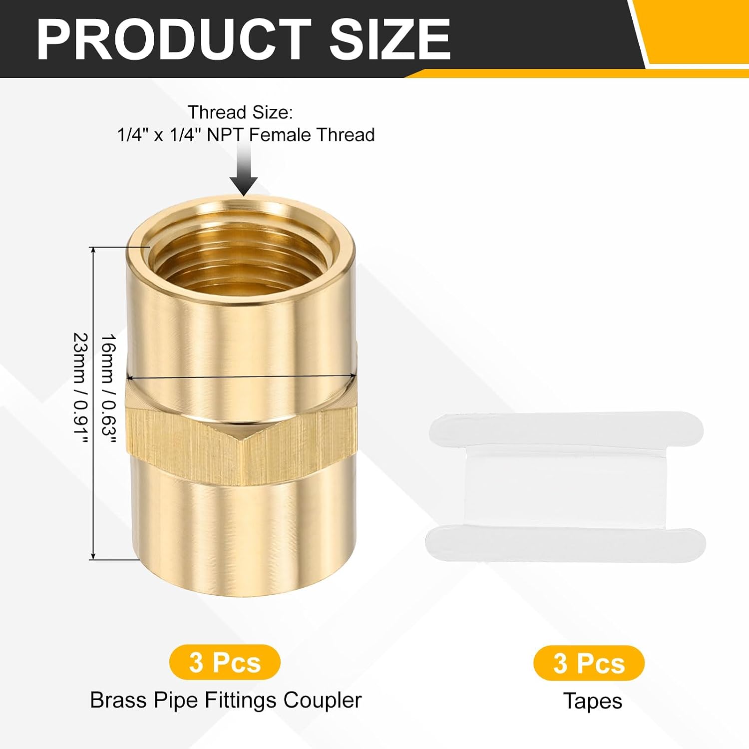 PATIKIL Brass Pipe Fittings Coupler, 3Pcs 1/4" x 1/4" NPT Female Thread Brass Hex Nipple Coupling Reducer Adapter Tubing Connector Adaptor with PTFE Tape for Water Air Oil Gas Line
